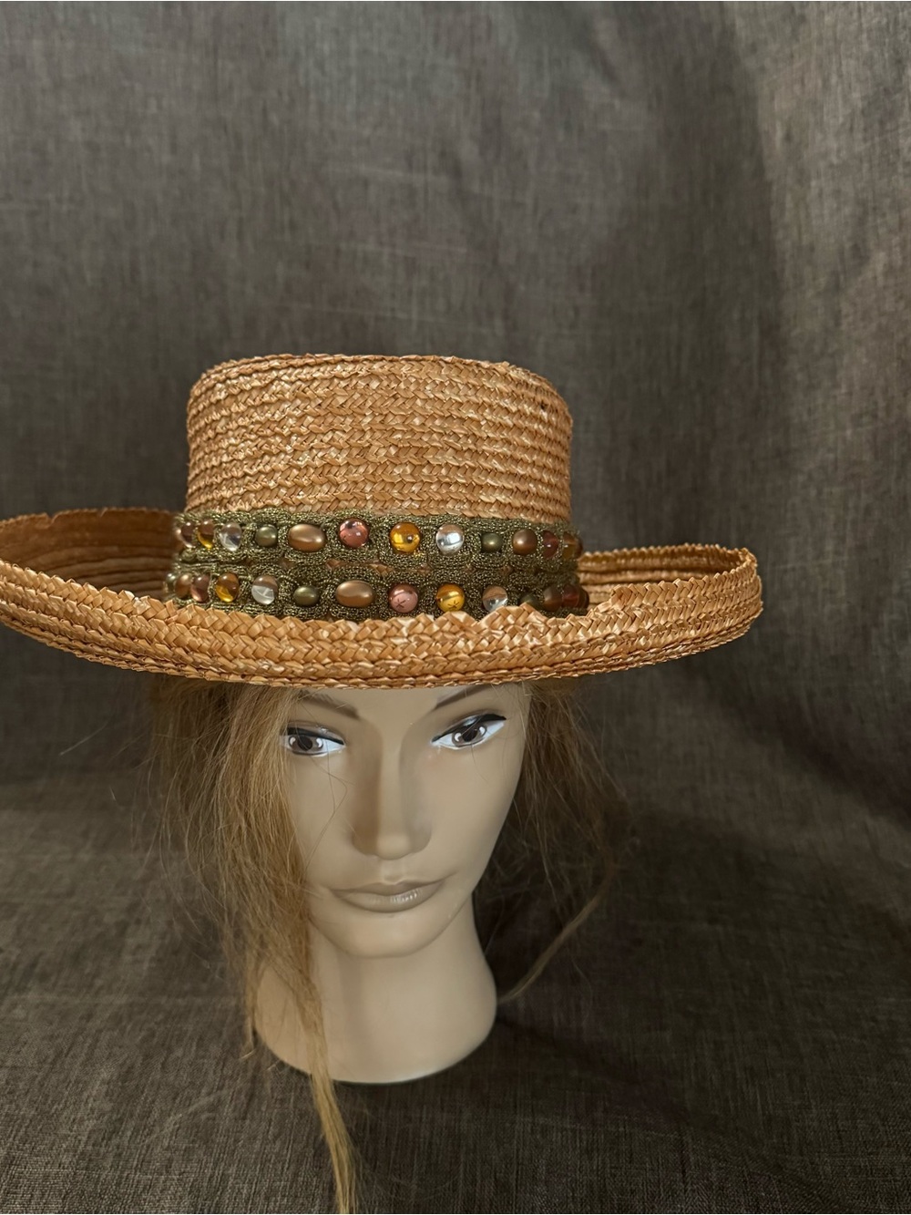 Eric Javits Natural Straw Hat with Olive Beaded Band - Picture 3 of 14